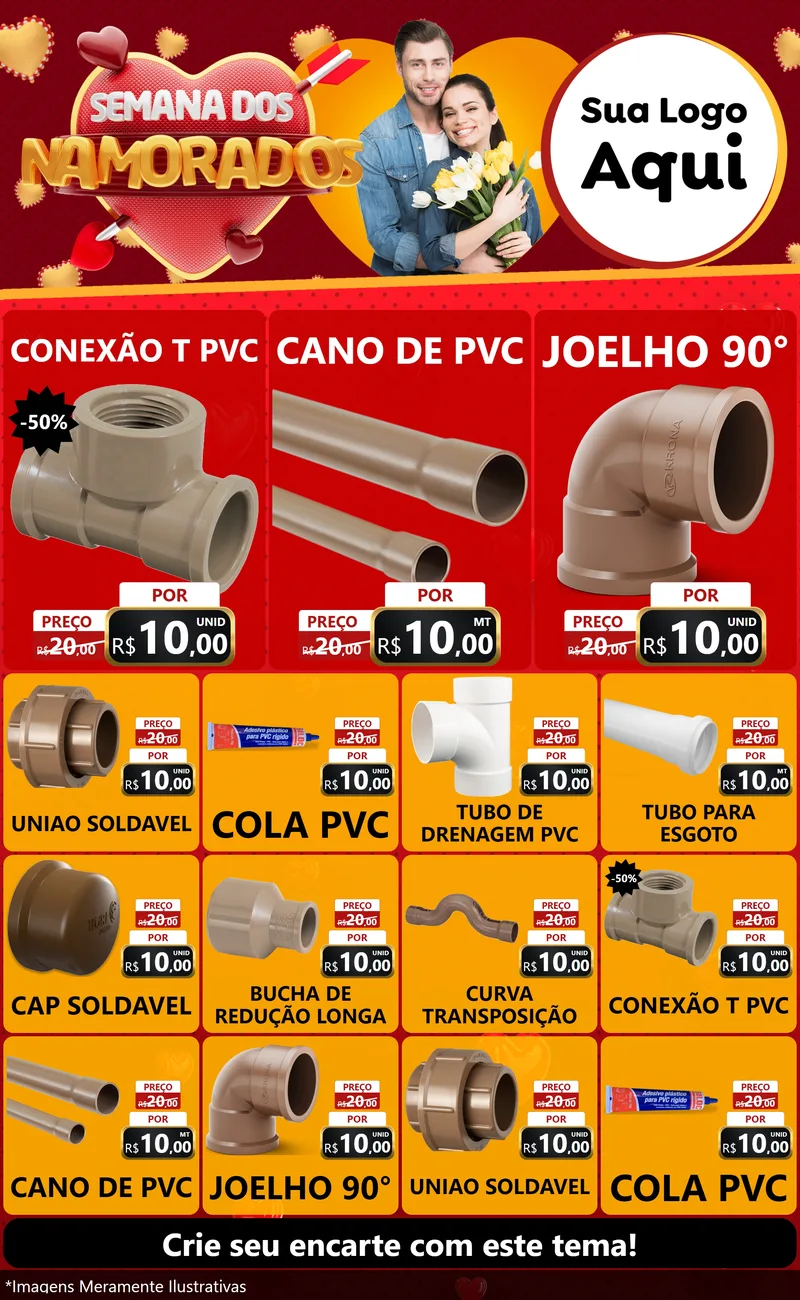 Modelo de Encarte para Encarte Grande com o tema Semana dos Namorados para Tubos e conexões