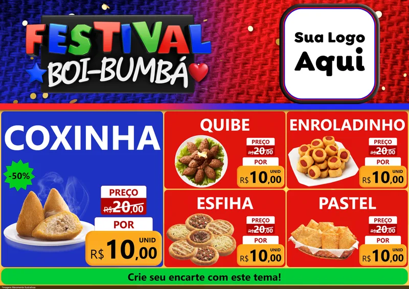 Modelo de Encarte para Encarte A4 Horizontal com o tema Festival Boi-Bumbá para Salgadaria