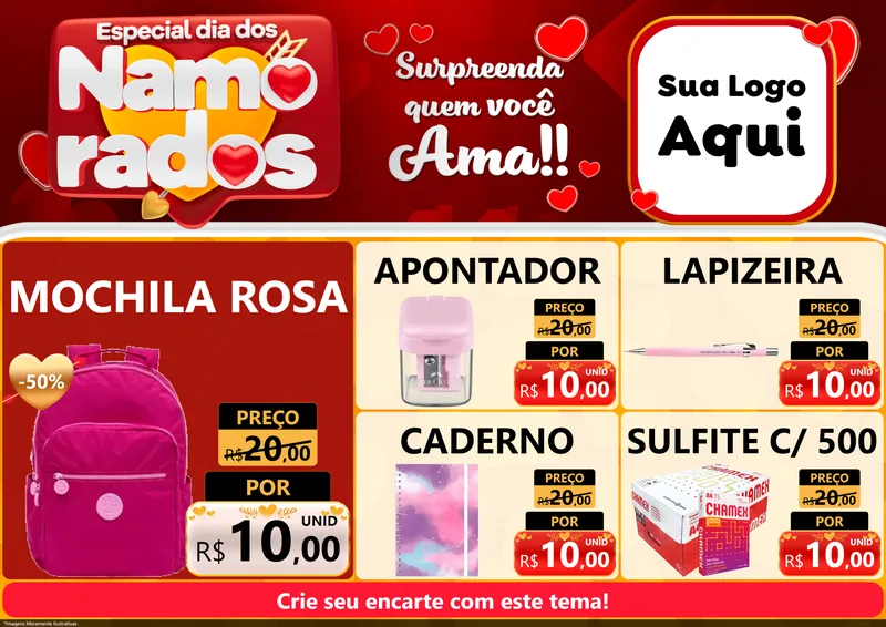 Modelo de Encarte para Encarte A4 Horizontal com o tema Especial Dia dos Namorados para Papelaria