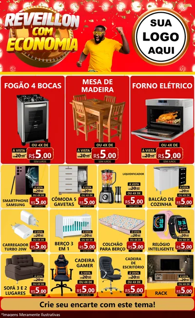 Modelo de Encarte para Encarte Grande com o tema Réveillon com Economia para Móveis e Eletro