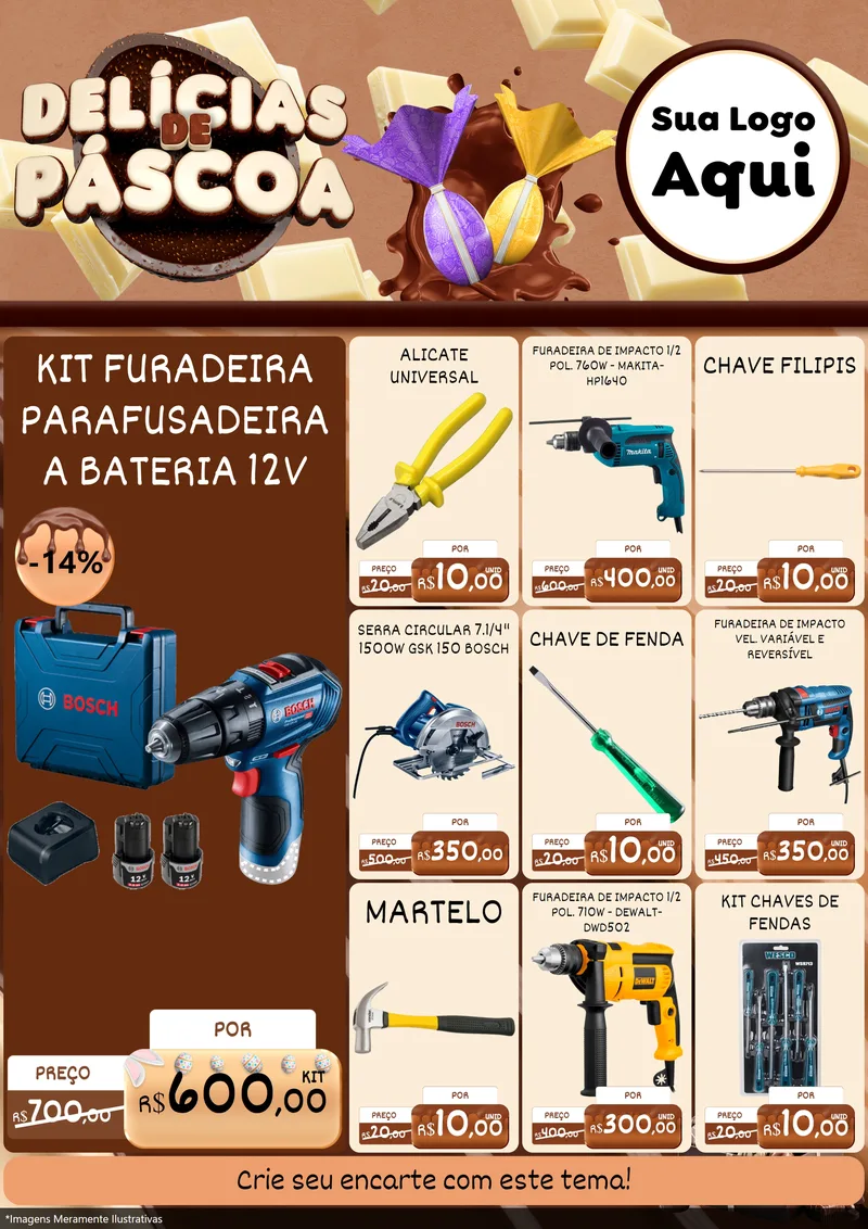 Modelo de Encarte para Encarte A4 Vertical com o tema Delícias de Páscoa para Maquinas e Ferramentas