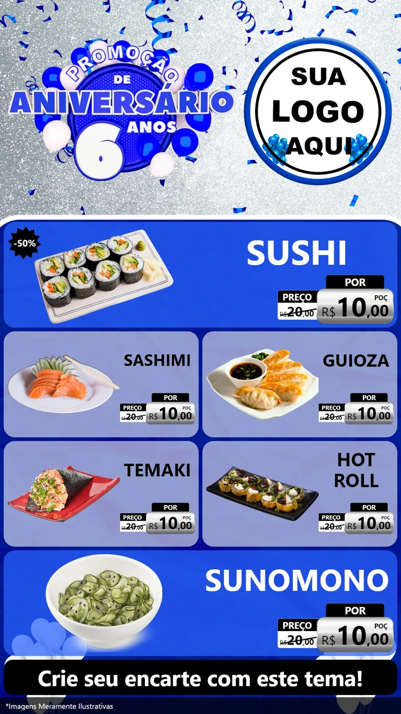 Modelo de TV para TV Vertical com o tema Promoção de Aniversário - 6 Anos para Comida japonesa