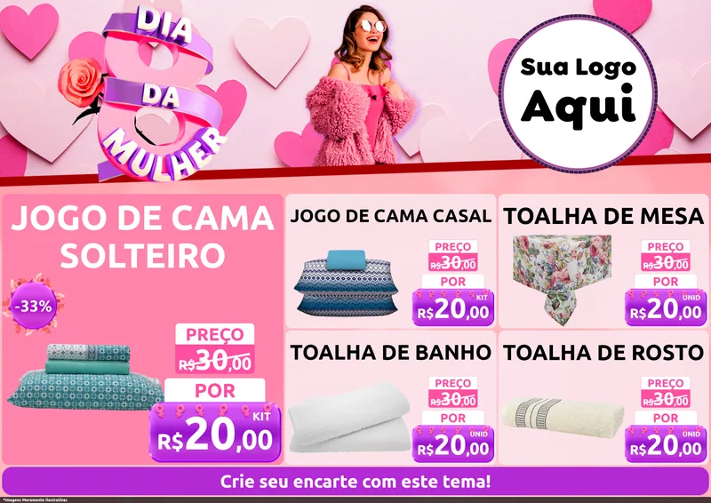 Modelo de Encarte para Encarte A4 Horizontal com o tema Dia da Mulher para Cama, Mesa e Banho