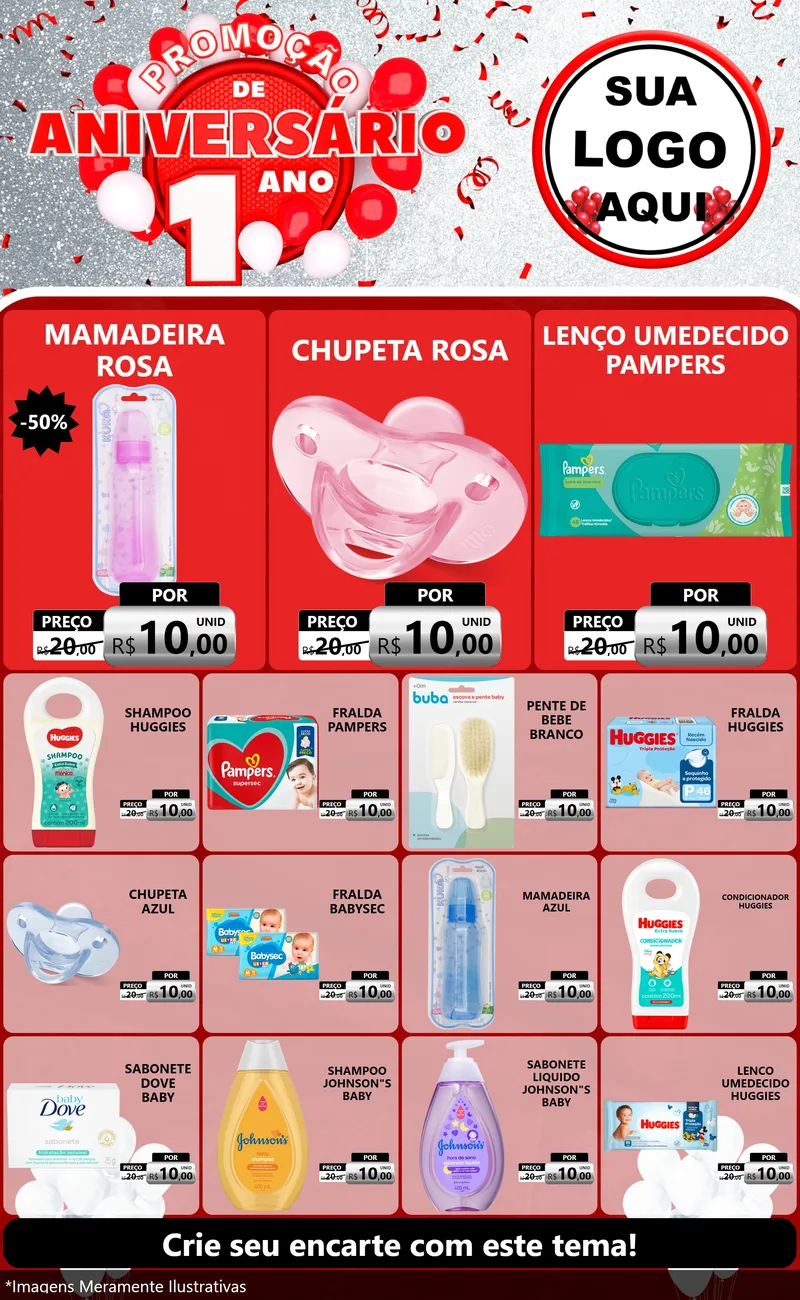 Modelo de Encarte para Encarte Grande com o tema Promoção de Aniversário - 1 Ano para Bebês