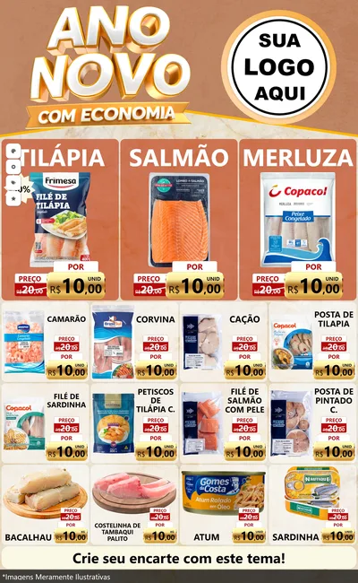 Modelo de Encarte para Encarte Grande com o tema Ano Novo Com Economia para Peixaria