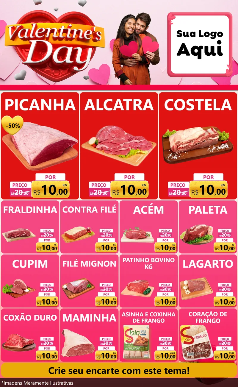 Modelo de Encarte para Encarte Grande com o tema Valentine's Day para Açougue