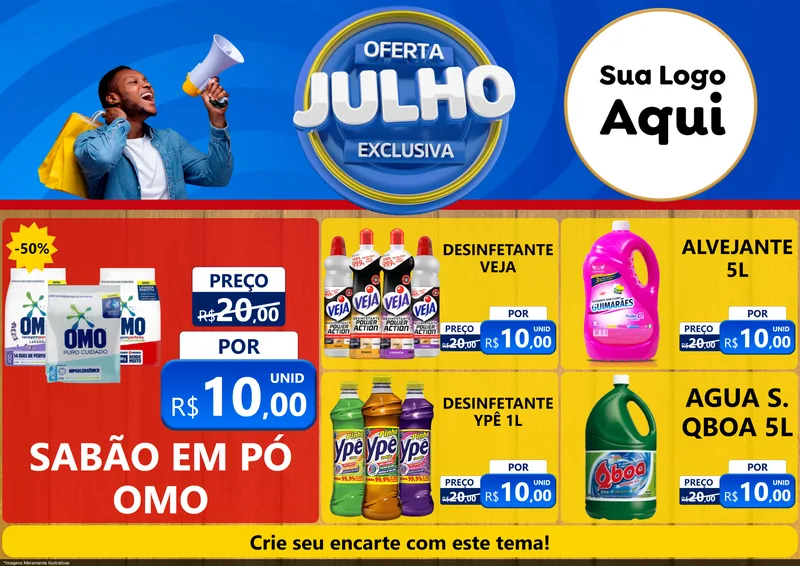 Modelo de Encarte para Encarte A4 Horizontal com o tema Oferta Exclusiva, Julho para Produtos de Limpeza