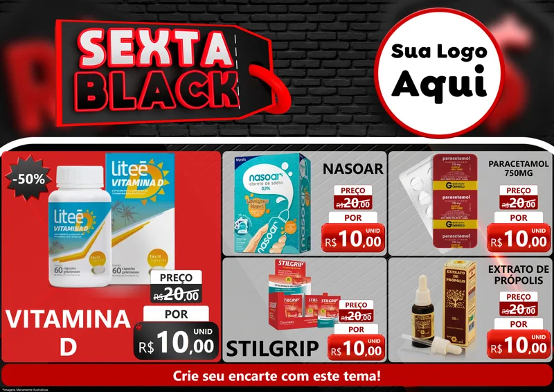 Modelo de Encarte para Encarte A4 Horizontal com o tema Sexta Black para Farmácia