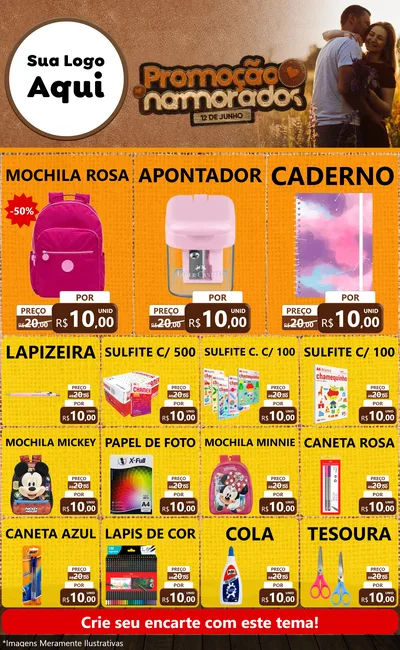 Modelo de Encarte para Encarte Grande com o tema Promoção Namorados para Papelaria