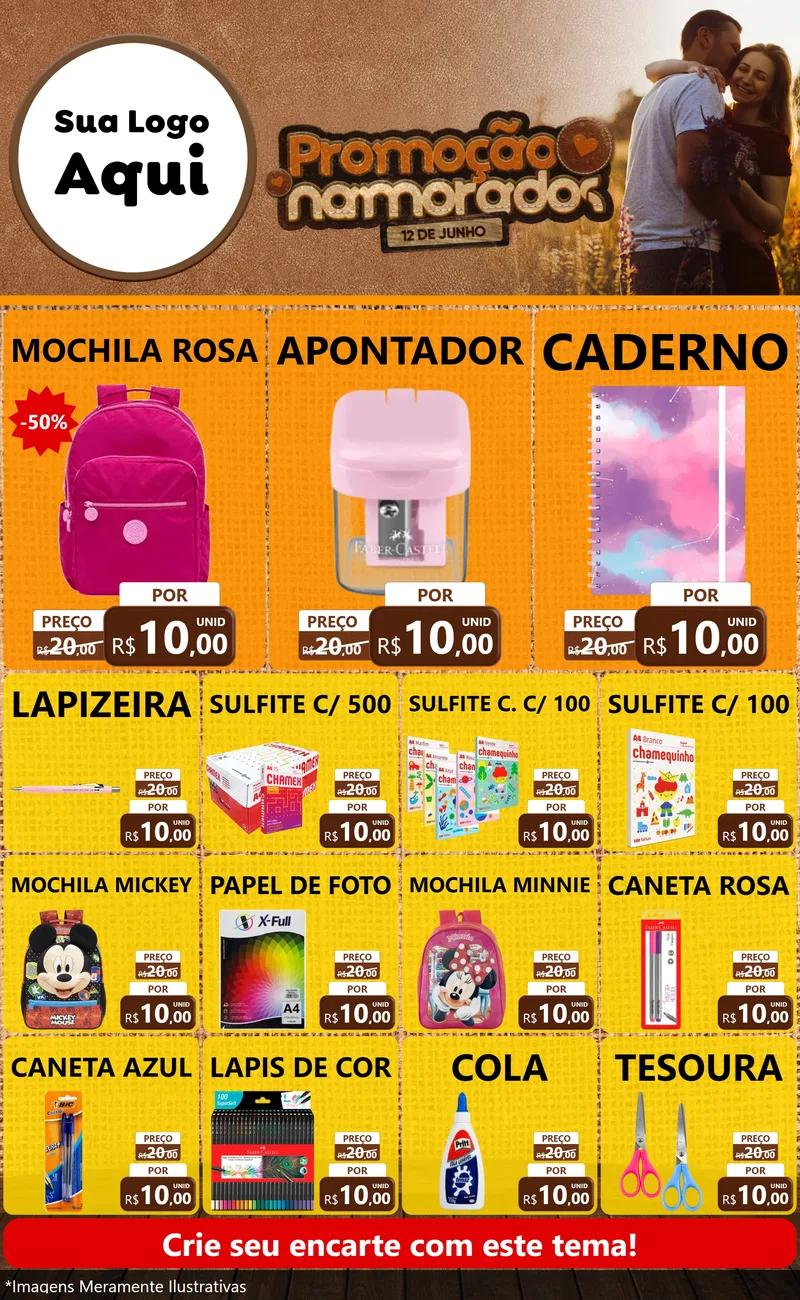 Modelo de Encarte para Encarte Grande com o tema Promoção Namorados para Papelaria
