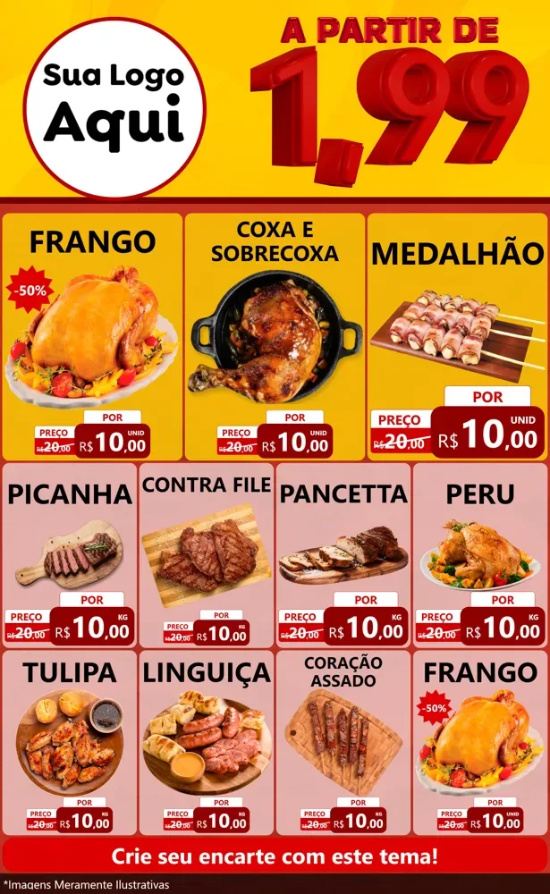 Modelo de Encarte para Encarte Grande com o tema A Partir de Um e Noventa e Nove - 1,99 para Assados