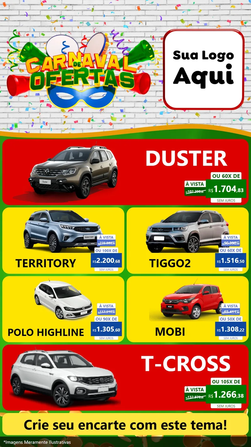 Modelo de TV para TV Vertical com o tema Carnaval de Ofertas para Concessionaria de Carros