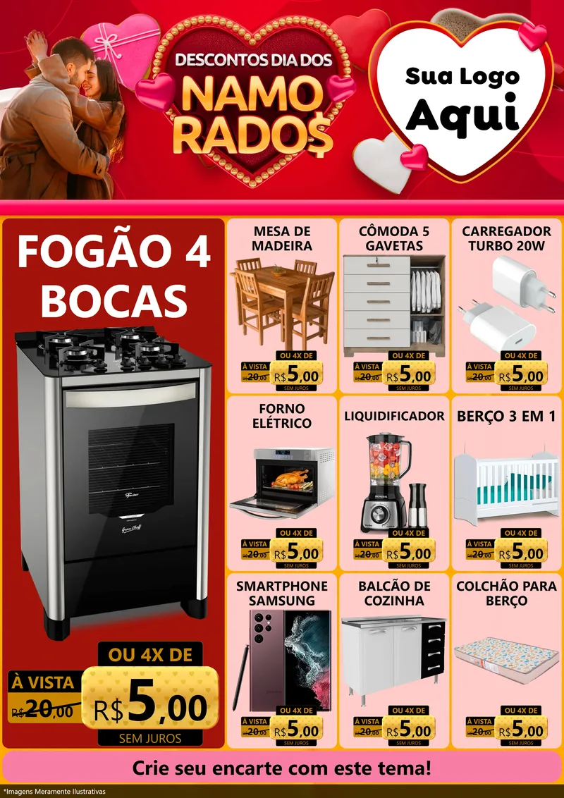 Modelo de Encarte para Encarte A4 Vertical com o tema Descontos Dia dos Namorados para Móveis e Eletro