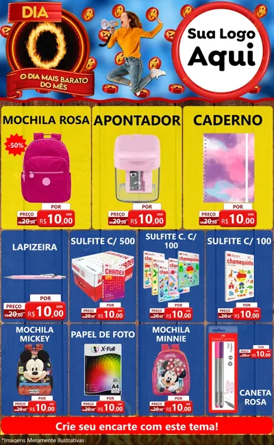Modelo de Encarte para Encarte Grande com o tema Dia O - O Dia Mais Barato Do Mês para Papelaria