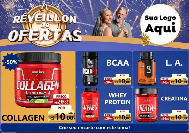 Modelo de Encarte para Encarte A4 Horizontal com o tema Réveillon de Ofertas para Suplementos alimentares