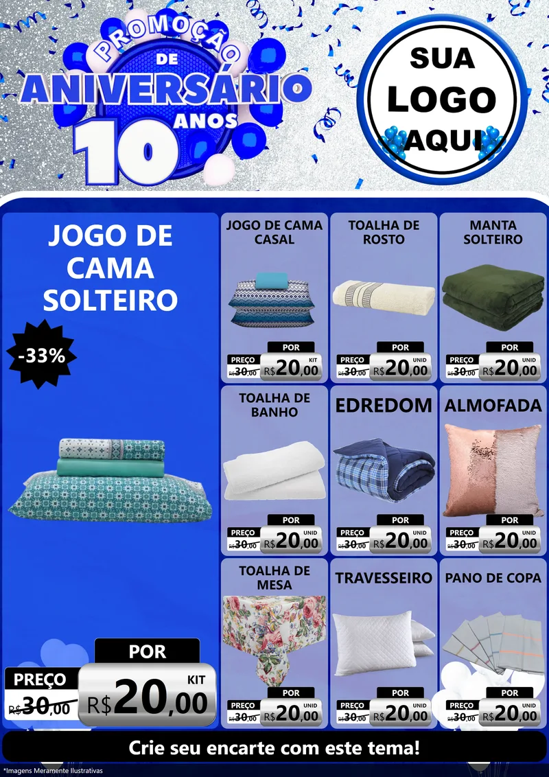 Modelo de Encarte para Encarte A4 Vertical com o tema Promoção de Aniversário - 10 Anos para Cama, Mesa e Banho