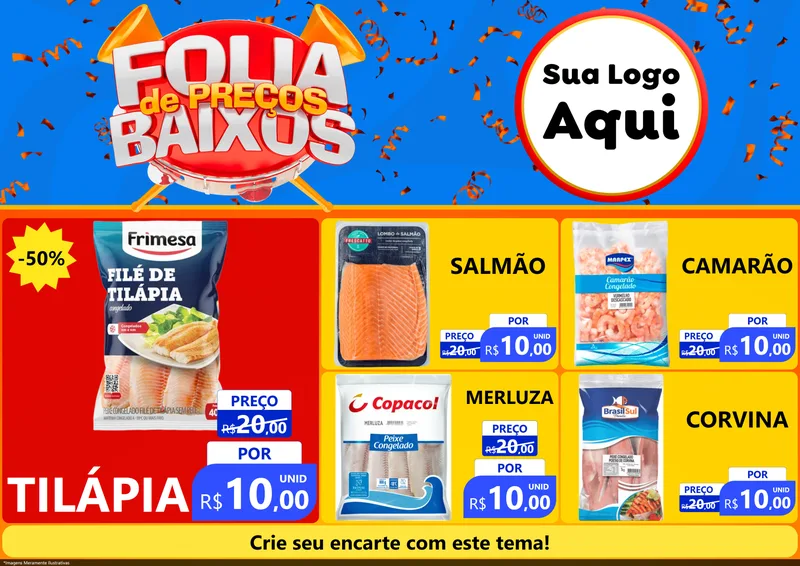Modelo de Encarte para Encarte A4 Horizontal com o tema Folia de Preços Baixos para Peixaria