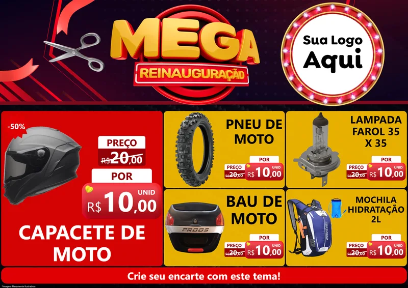 Modelo de Encarte para Encarte A4 Horizontal com o tema Mega Reinauguração para Moto peças