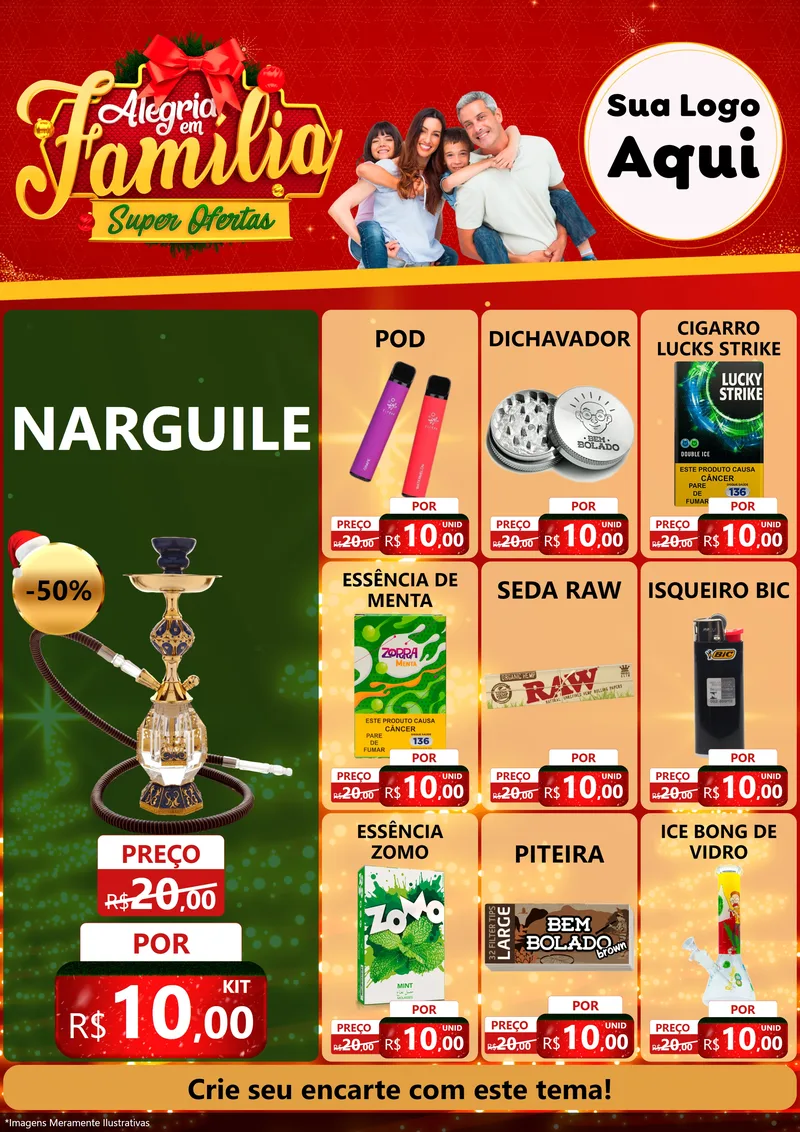 Modelo de Encarte para Encarte A4 Vertical com o tema Alegria em Família Super Ofertas - Natal para Tabacaria