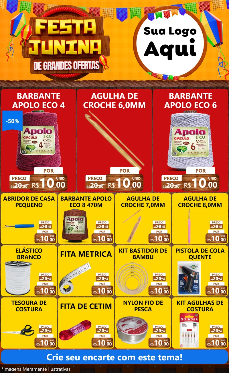 Modelo de Encarte para Encarte Grande com o tema Festa Junina de Grandes Ofertas para Armarinho e Aviamentos