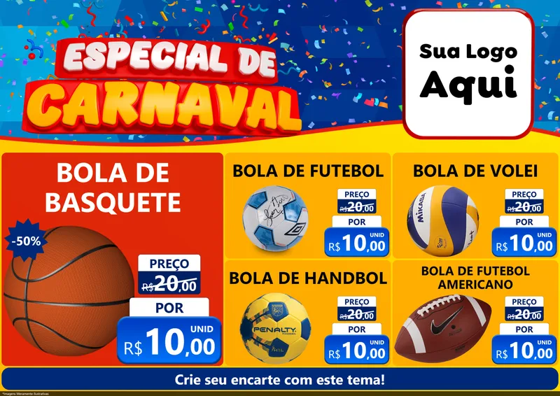 Modelo de Encarte para Encarte A4 Horizontal com o tema Especial de Carnaval para Artigos Esportivos