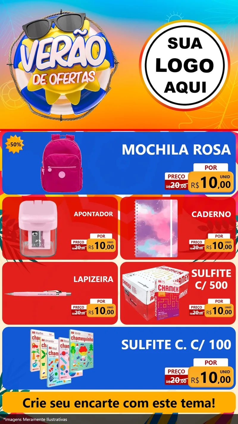 Modelo de TV para TV Vertical com o tema Verão de Ofertas para Papelaria