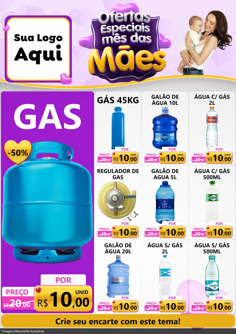 Modelo de Encarte para Encarte A4 Vertical com o tema Ofertas Especiais - Mês das Mães para Água e gás