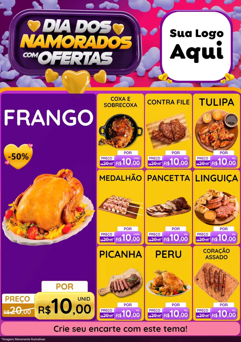Modelo de Encarte para Encarte A4 Vertical com o tema Dia Dos Namorados Com Ofertas para Assados