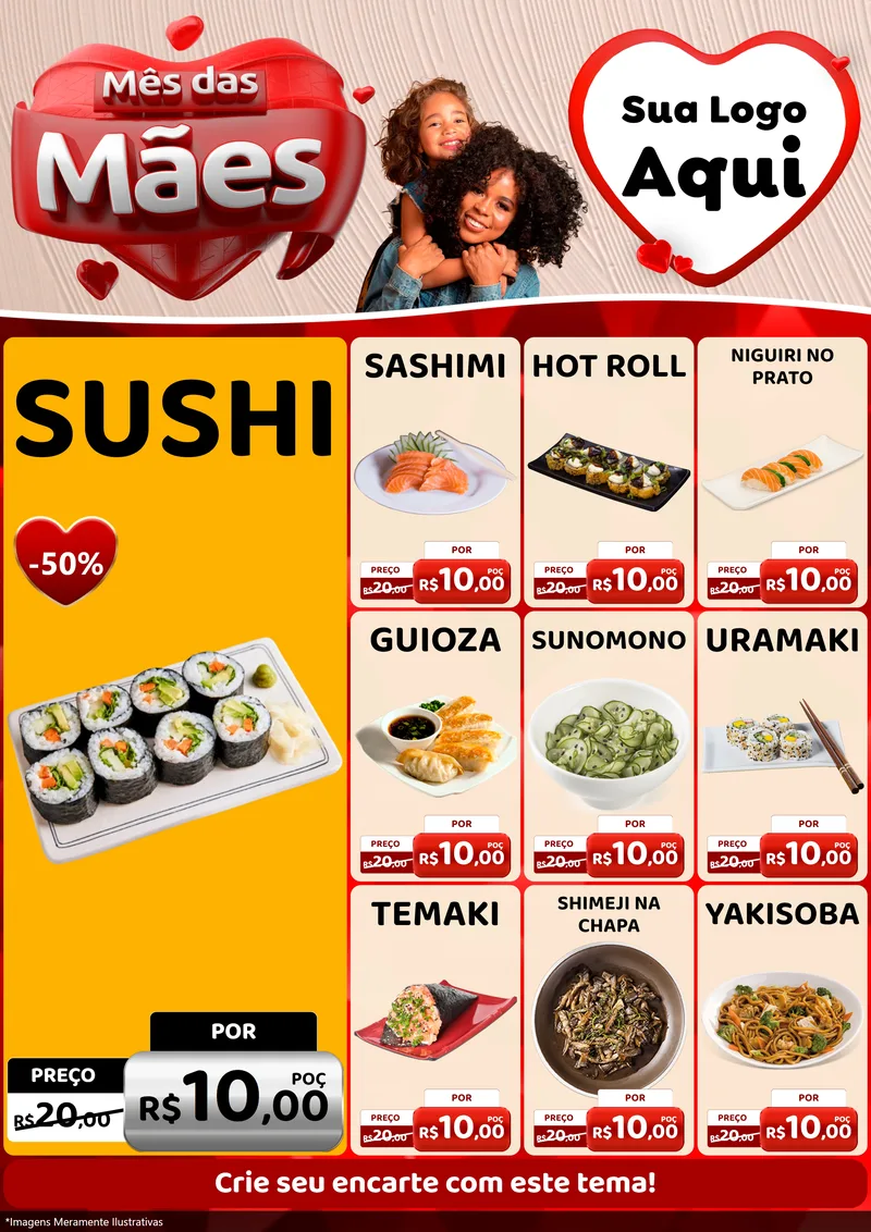 Modelo de Encarte para Encarte A4 Vertical com o tema Mês das Mães para Comida japonesa
