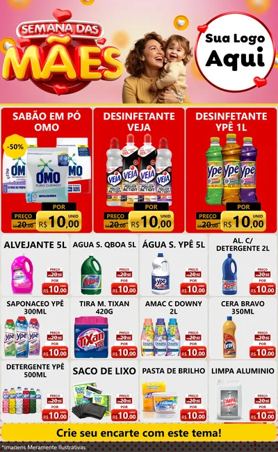 Modelo de Encarte para Encarte Grande com o tema Semana das Mães para Produtos de Limpeza
