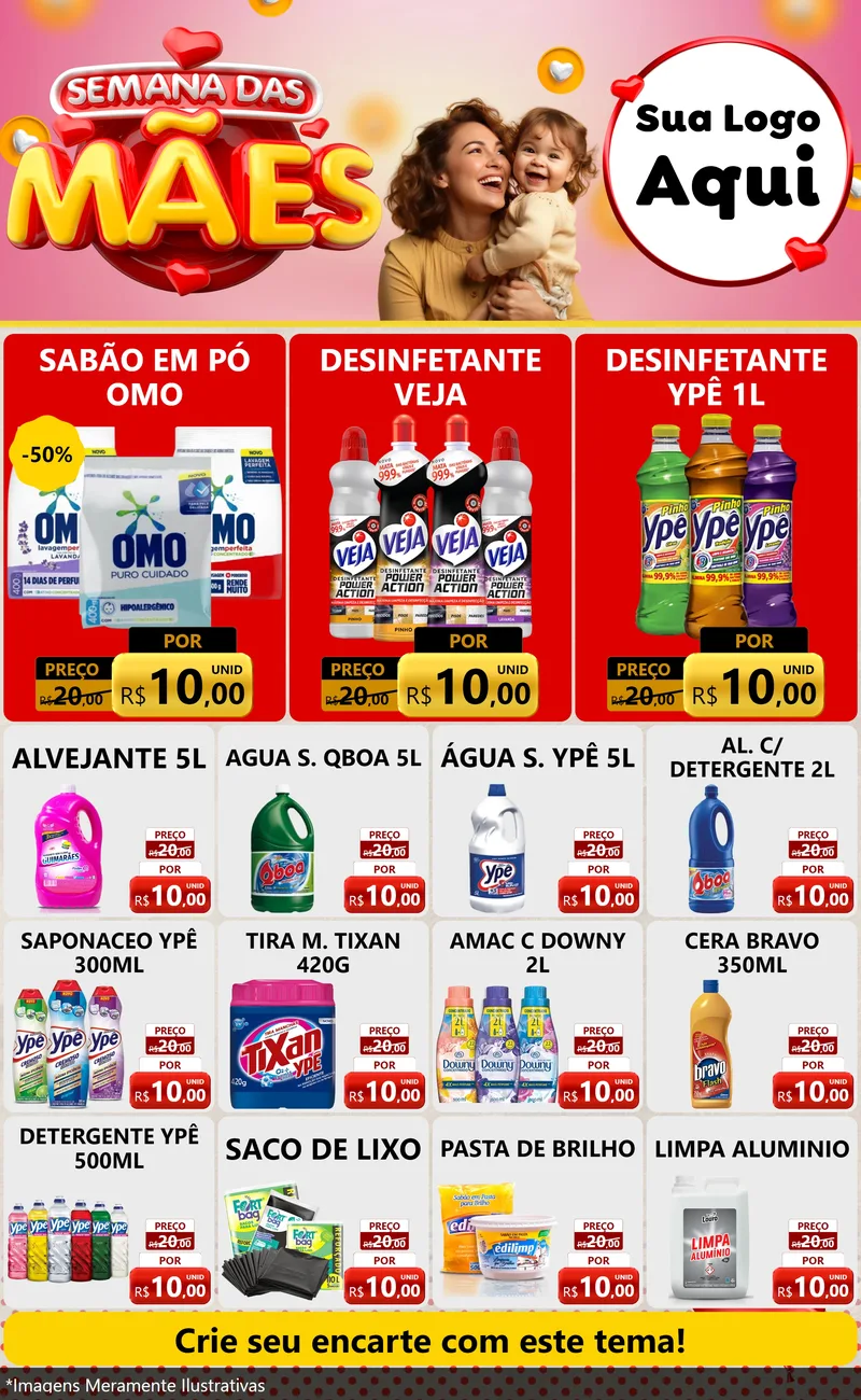 Modelo de Encarte para Encarte Grande com o tema Semana das Mães para Produtos de Limpeza