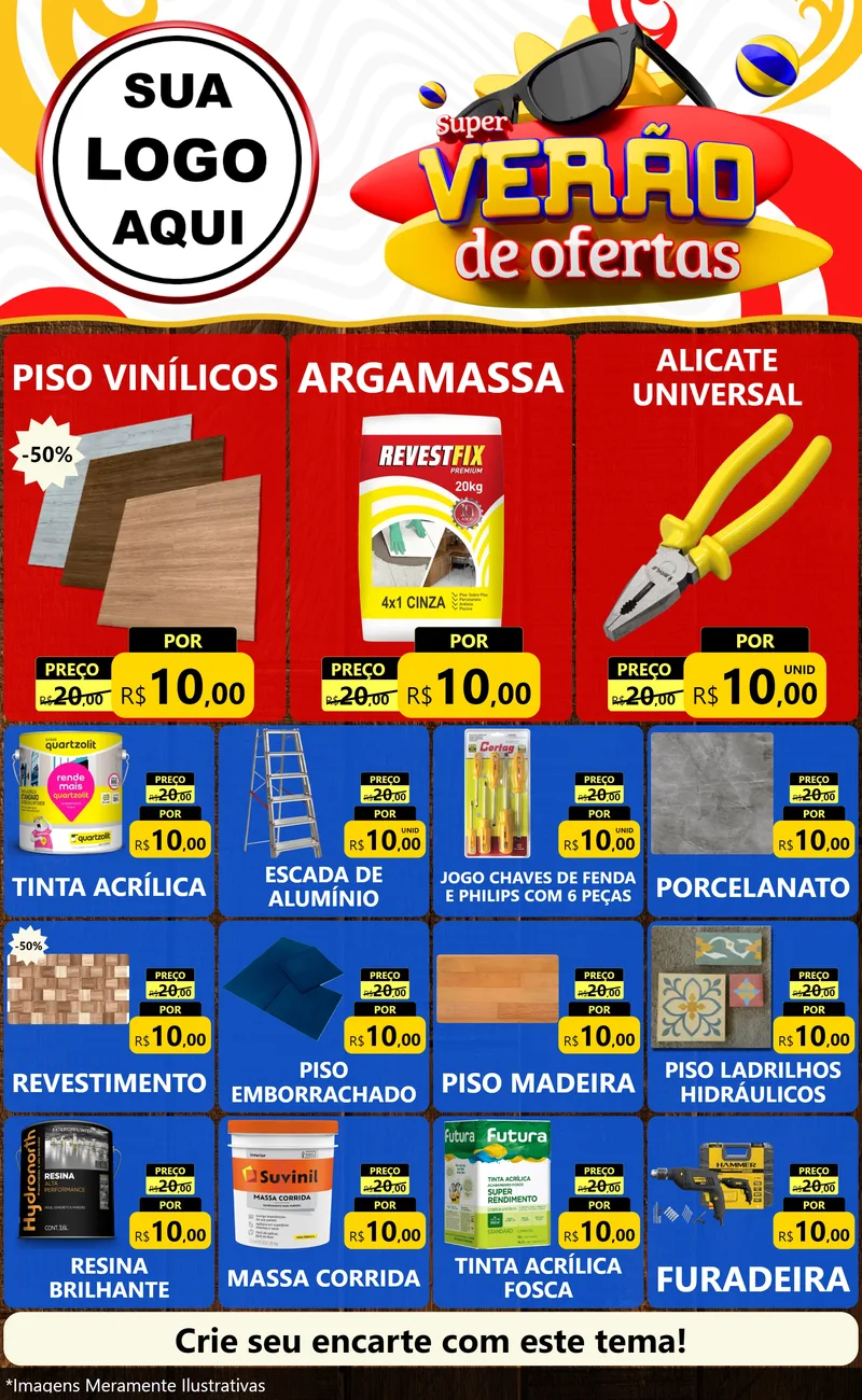 Modelo de Encarte para Encarte Grande com o tema Super Verão de Ofertas para Material para Construção
