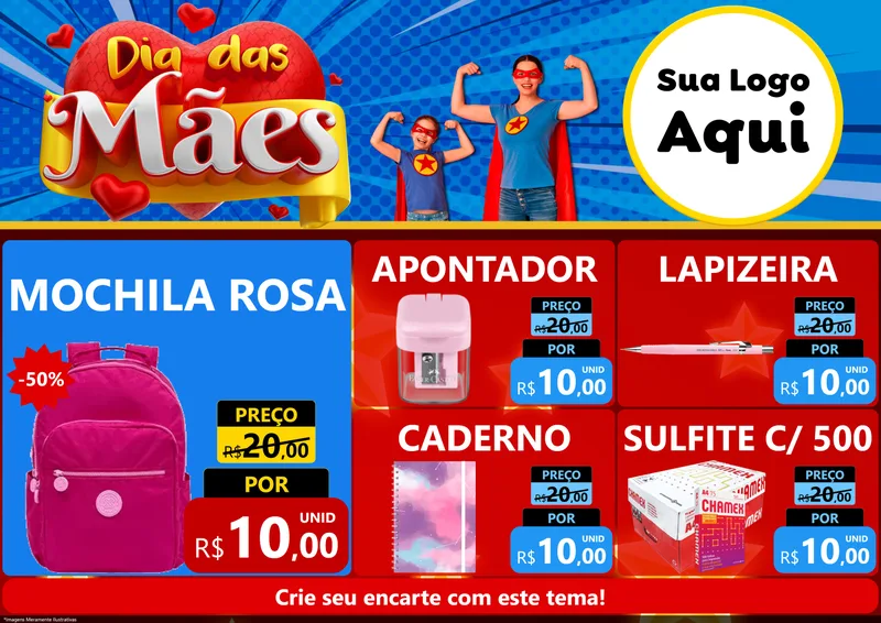 Modelo de Encarte para Encarte A4 Horizontal com o tema Dia das Mães para Papelaria