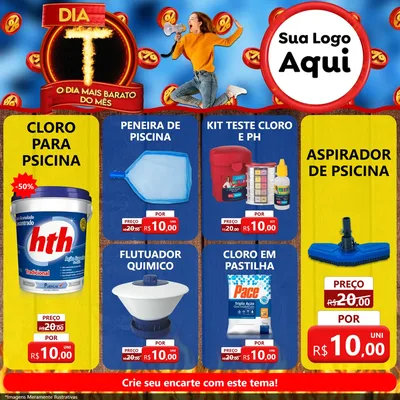 Modelo de Rede Social para Feed Facebook com o tema Dia T - O Dia Mais Barato Do Mês para Produtos para Piscina