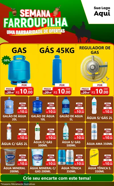 Modelo de Encarte para Encarte Grande com o tema Semana Farroupilha - Uma Barbaridade de Ofertas para Água e gás