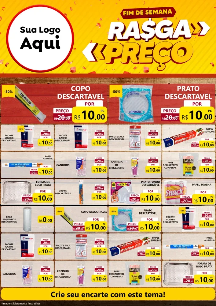 Modelo de Encarte para Encarte A4 Vertical com o tema Fim de Semana Rasga Preços para Embalagens