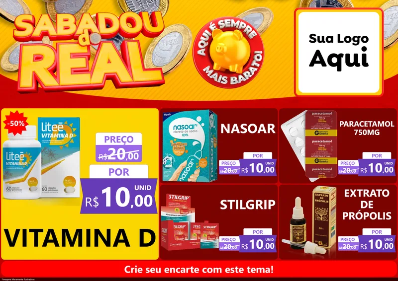 Modelo de Encarte para Encarte A4 Horizontal com o tema Sabadou do Real para Farmácia
