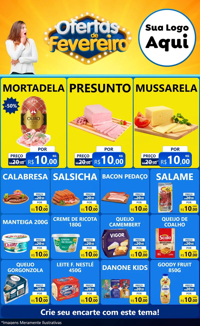 Modelo de Encarte para Encarte Grande com o tema Ofertas de Fevereiro para Frios e Laticínios