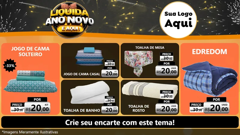 Modelo de TV para TV Horizontal com o tema Liquida Ano Novo É Aqui! para Cama, Mesa e Banho