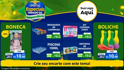 Modelo de TV para TV Horizontal com o tema Ofertas Especiais Feriado da Independência para Brinquedos