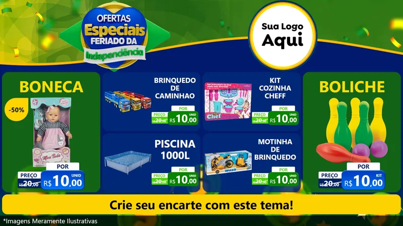 Modelo de TV para TV Horizontal com o tema Ofertas Especiais Feriado da Independência para Brinquedos