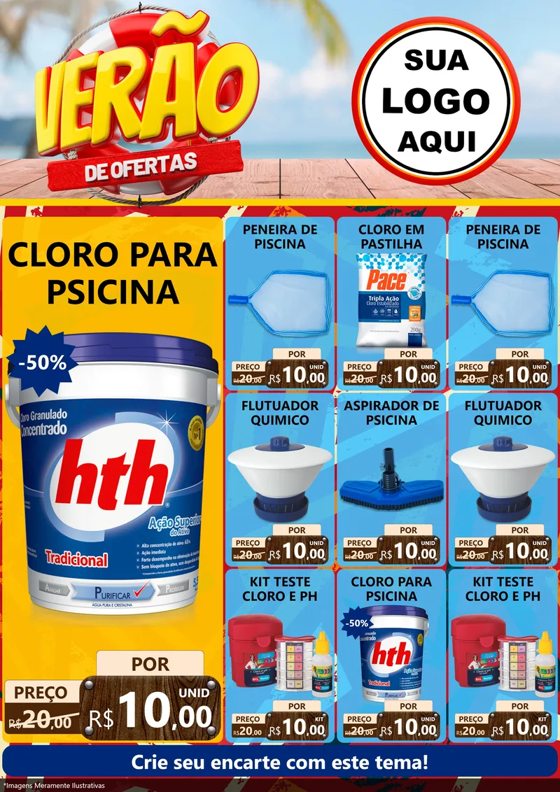 Modelo de Encarte para Encarte A4 Vertical com o tema Verão de Ofertas para Produtos para Piscina
