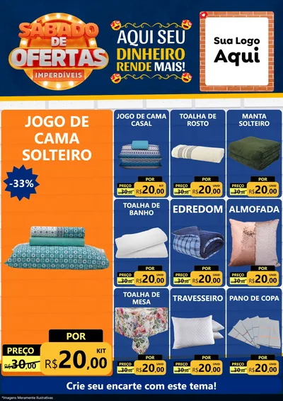 Modelo de Encarte para Encarte A4 Vertical com o tema Sábado de Ofertas Imperdíveis para Cama, Mesa e Banho