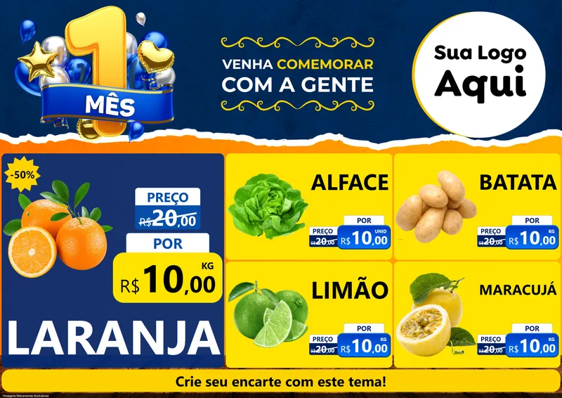 Modelo de Encarte para Encarte A4 Horizontal com o tema Um Mês de Aniversário para Hortifrúti