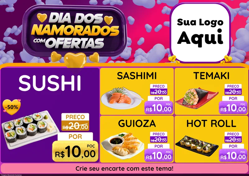 Modelo de Encarte para Encarte A4 Horizontal com o tema Dia Dos Namorados Com Ofertas para Comida japonesa