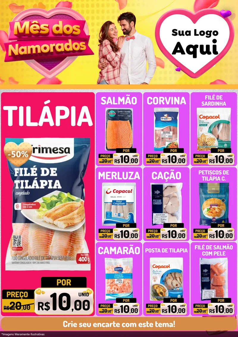 Modelo de Encarte para Encarte A4 Vertical com o tema Mês dos Namorados para Peixaria