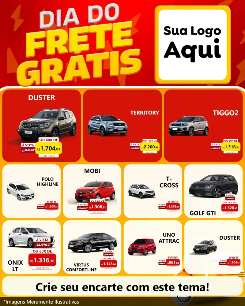 Modelo de Rede Social para Feed Instagram com o tema Dia do Frete Grátis para Concessionaria de Carros