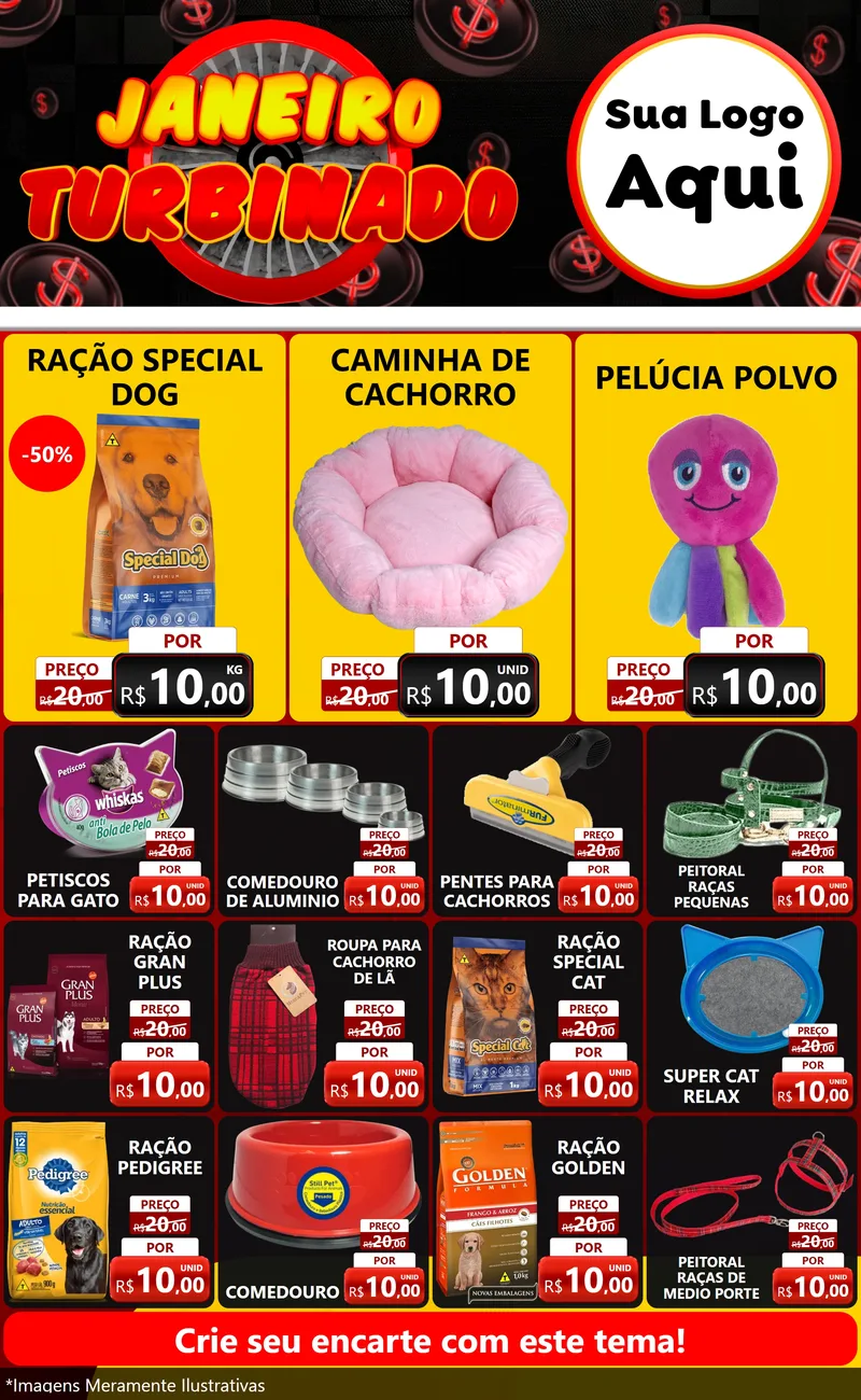 Modelo de Encarte para Encarte Grande com o tema Janeiro Turbinado para Pet Shop