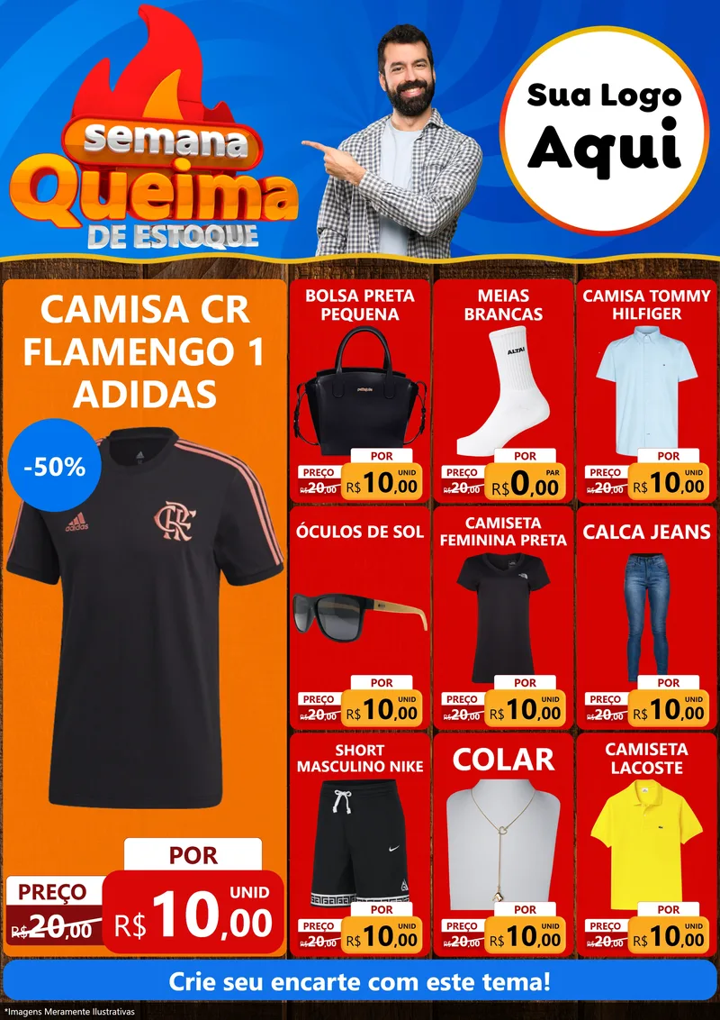 Modelo de Encarte para Encarte A4 Vertical com o tema Semana Queima de Estoque para Roupas e acessórios