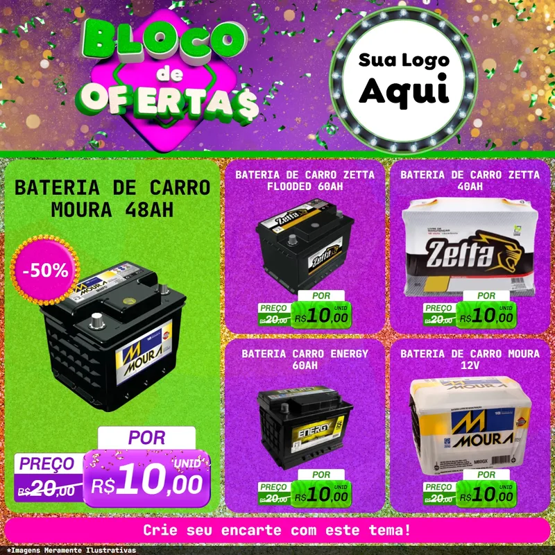 Modelo de Rede Social para Feed Facebook com o tema Bloco de Ofertas para Baterias Elétricas
